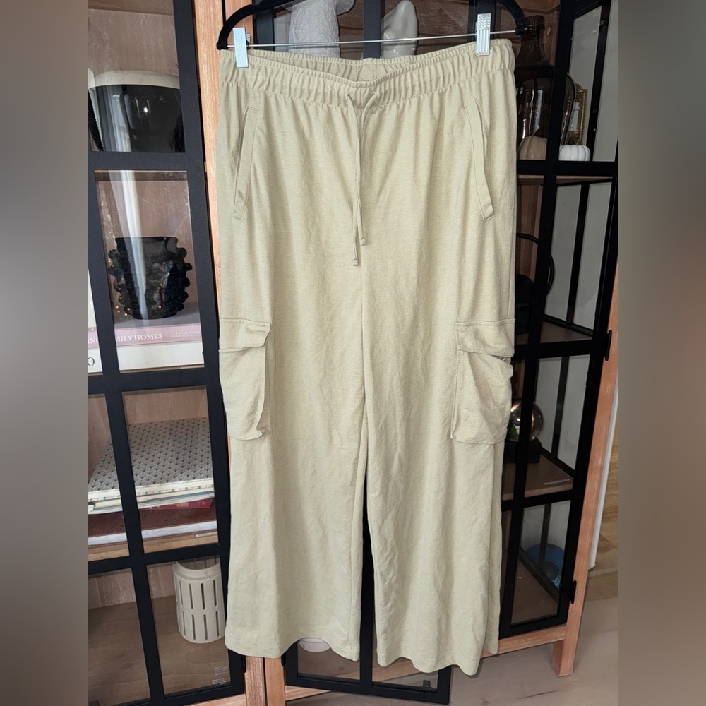 H&M baggy cargo pants wide leg drawstring elastic khaki olive beige high rise - Picture 2 of 7